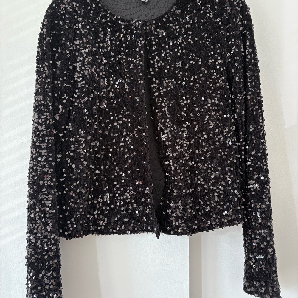 Nina Leonard Black Sequin open front cardigan